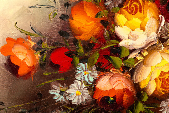 Close of fragment of vintage oil painting depicting still life of flowers in vase. Macro impasto painting.