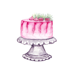 Watercolor wedding cream cake with decorations on a cake stand. Birthday delicious cake.