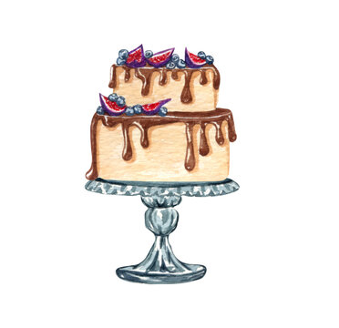 Watercolor wedding cream cake with decorations on a cake stand. Birthday delicious cake.