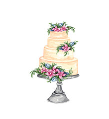 Watercolor layered wedding cream cake with floral decorations on a cake stand. Birthday delicious cake. Cake clipart