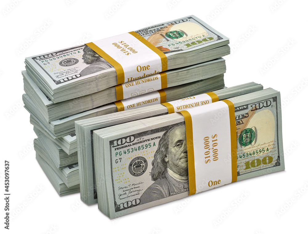 Poster new design dollar bundles stack of bundles of 100 us dollars isolated on white background. including - Posters