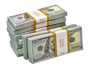 New design dollar bundles stack of bundles of 100 US dollars isolated on white background....