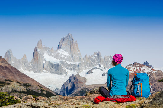Advanture traveler enjoy the view of Fitz Roy Mountain, Patagonia. Mountaineering sport lifestyle concept