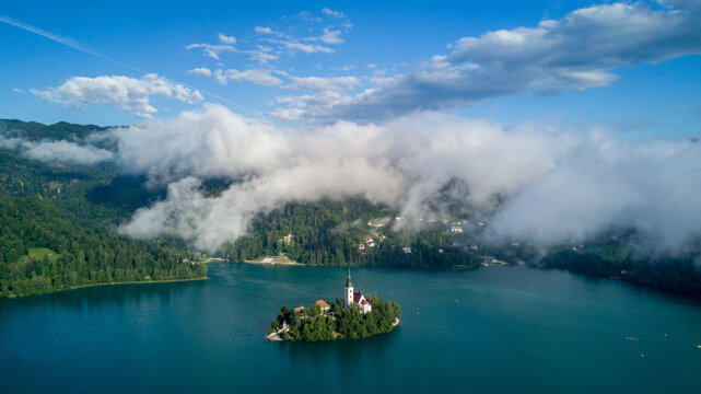 Church on lake blake island in slovenia