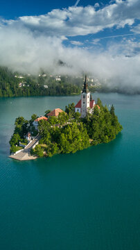 Church on lake blake island in slovenia