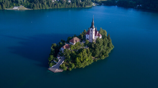 Church on lake blake island in slovenia