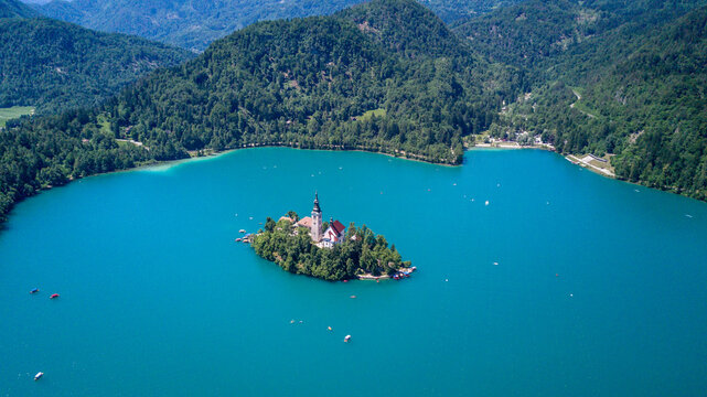 Church on lake blake island in slovenia