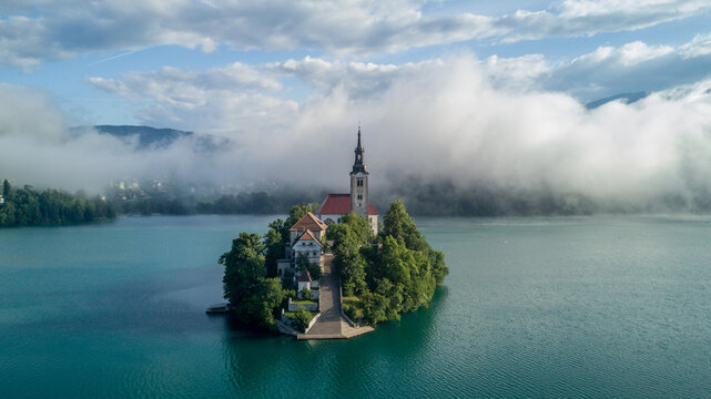 Church on lake blake island in slovenia
