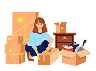Moving to a new home. A woman is packing household things. Girl tapes up the box. Cardboard packaging boxes stand on top of each other. Vector illustration in flat style, isolated on white background