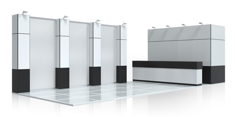 Exhibition stand in white with black details and three banners embedded in the columns. Empty Booth Template. 3D rendering.