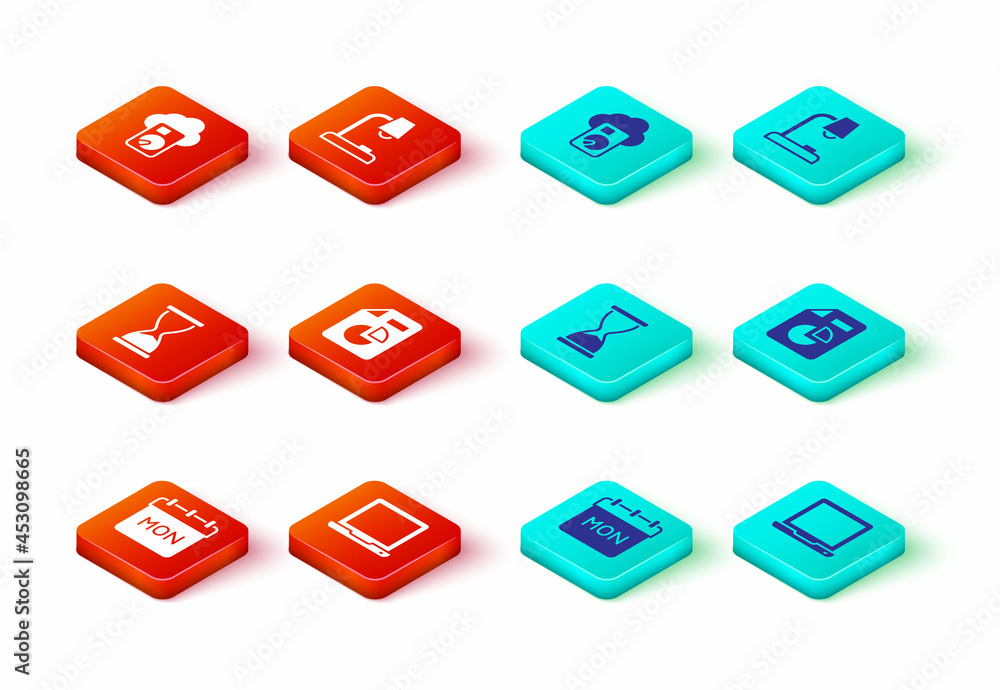 Poster set calendar, laptop, old hourglass, document with graph chart, table lamp and cloud database icon. 