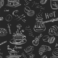 Coffee on a blackboard panel seamless pattern for the kitchen, cafe.