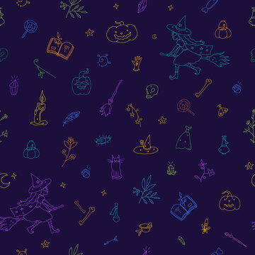 Halloween Seamless Vector Pattern on dark violet background. Hand-drawn style. Doddles. Bright simple lines. Witch, candies, skull, herbs, bottles, pumpkins for print or web design.