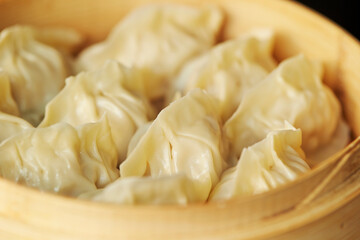 Chinese steamed dumplings in a steamer