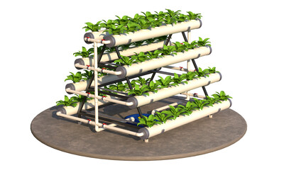 A-Type hydroponic system for growing plants and vegetables in a nutrient solution. White background. 3d illustration