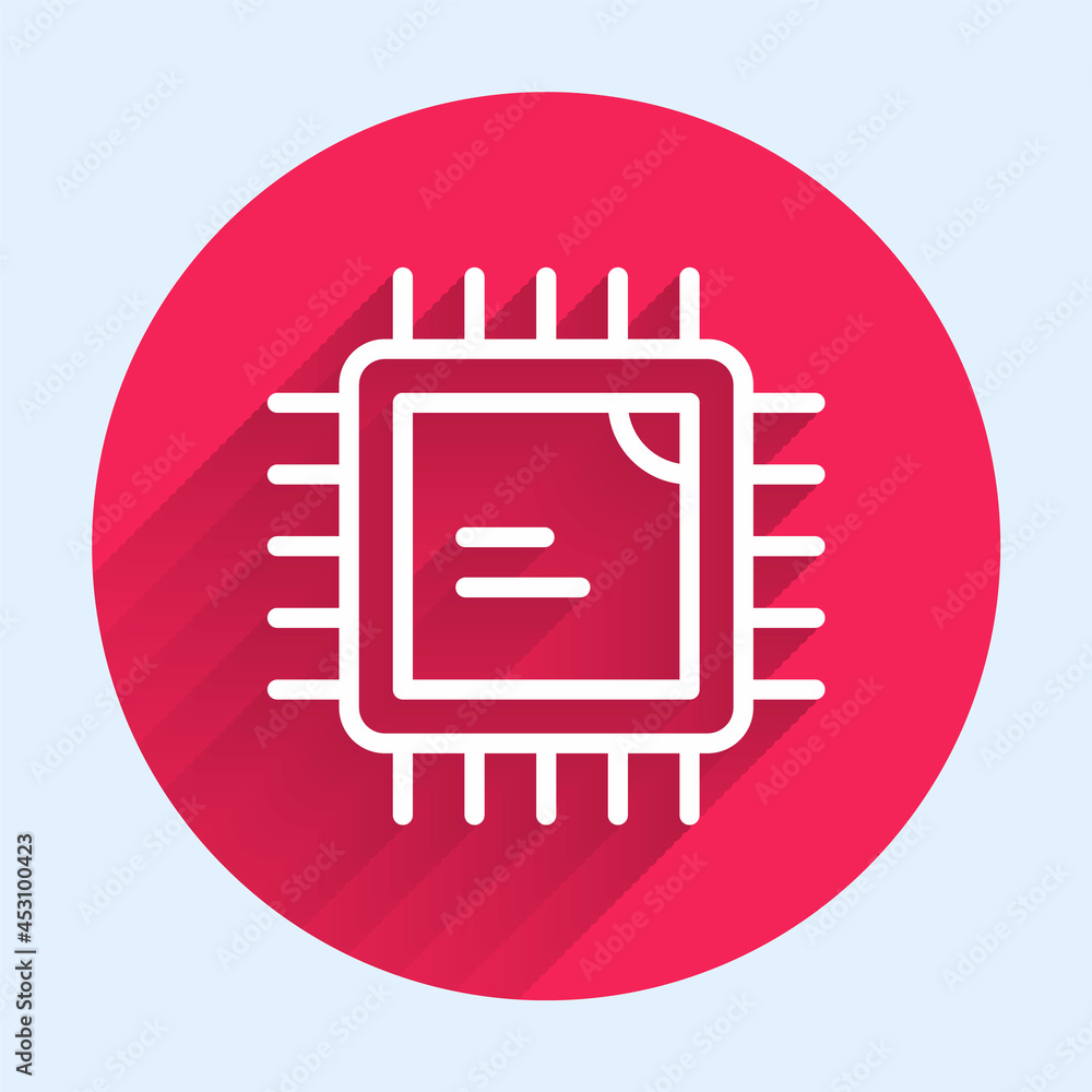Poster White line Computer processor with microcircuits CPU icon isolated with long shadow background. Chip or cpu with circuit board. Micro processor. Red circle button. Vector