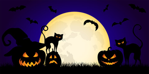 Fototapeta premium Halloween pumpkins and cats with glowing eyes. Greeting card with Jack-o'-lanterns.
