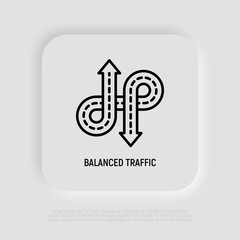 Balanced traffic, roads with arrows thin line icon. Element of smart city. Modern vector illustration, logo for road construction.