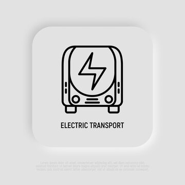 Electric transport thin line icon, front view of bus with electric symbol. Modern vector illustration.