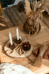 Wooden decor at table, cozy home interior design.