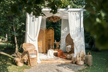 Gazebo decor at nature, outdoor design of arbour.