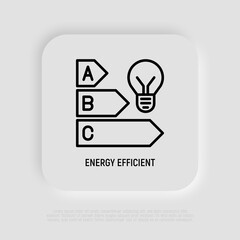 Energy efficiency thin line icon, light bulb and classification of electric consumption. Modern vector illustration.