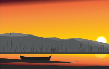Fototapeta na wymiar sunset with a little boat on dry lake 