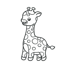 Cute happy playing giraffe cartoon clipart vector illustration. African woodland animal easy coloring book page for kids and children.