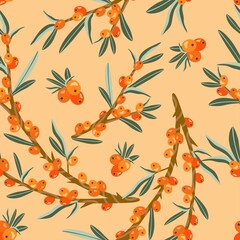 Vector seamless patten of the branches and fruits of the sea buckthorn plant. Design for printing on textiles, packaging, paper, wallpaper. 