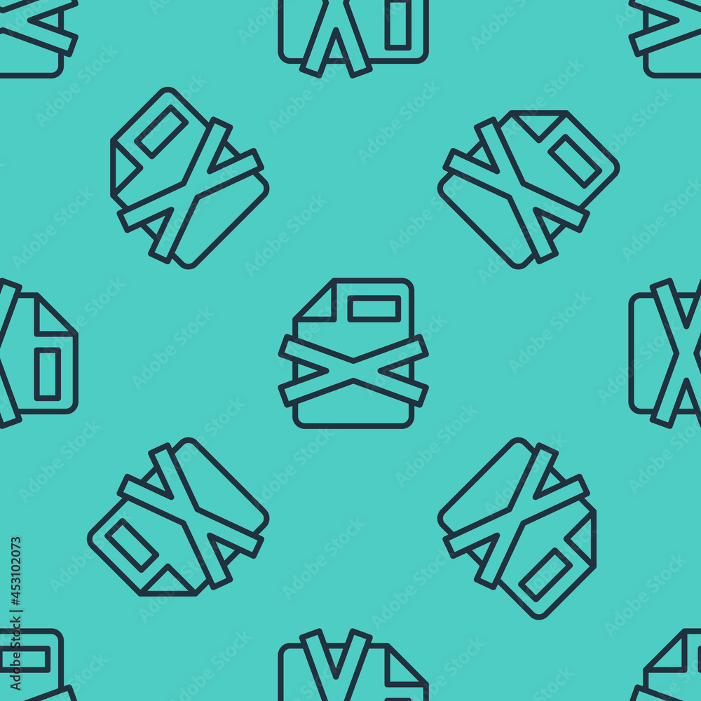 Poster black line delete file document icon isolated seamless pattern on green background. rejected documen