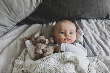 Baby lying in bed with cuddly toy
