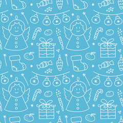 Cute Christmas pattern in doodle style. Christmas angel, garlands, gifts and other New Year's elements on a blue background. Ideal for wrapping paper, holiday textiles and other printed materials. 