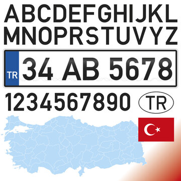 Turkey car license plate, letters, numbers and symbols, european and asiatic country, vector illustration