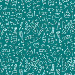 Cute Christmas pattern in doodle style. Champagne, Christmas tree and other New Year's elements on a green background. Ideal for wrapping paper, holiday textiles and other printed materials. 