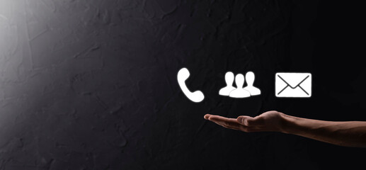 Hand hold icon symbol telephone, email, contact. Website page contact us or e-mail marketing...