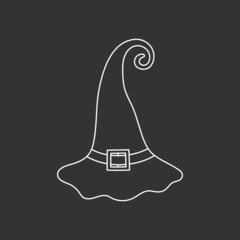 Witch hat vector illustration in doodle style. Hand drawn wizard cap for holiday Halloween. White icon isolated on black background. Scary silhouette magician hat. Accessory for party on Halloween