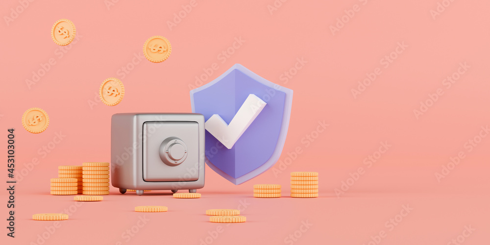 Poster 3d rendering safe with stack of coins and purple shied on pink background.