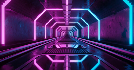 3d rendering pink and blue neon tunnel background.