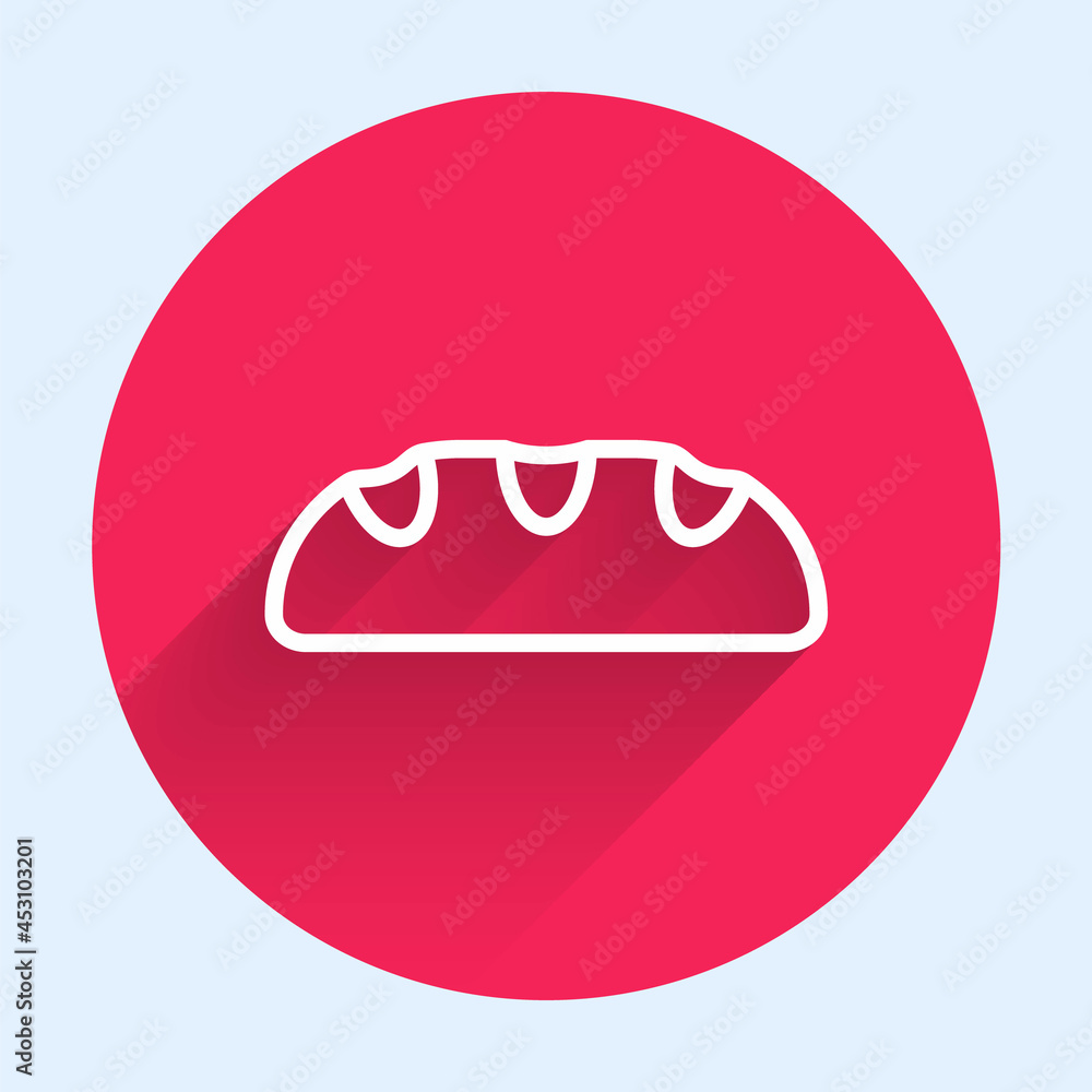 Poster white line bread loaf icon isolated with long shadow background. red circle button. vector