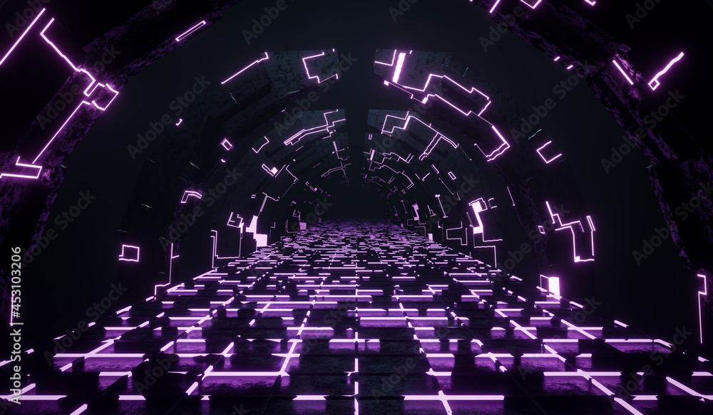 Poster 3d rendering sci-fi corridor background with pink neon light.