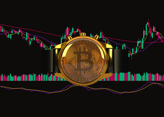 Bitcoin watch on a black background. 3d image.