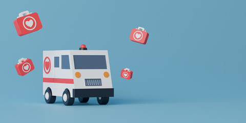 3d rendering ambulance with first aid kit on light blue background.