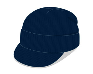 Navy Blue Beanie Hat With Brim Cap Template Vector on White Background