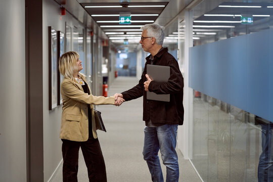 Businessman and businesswoman greeting each other