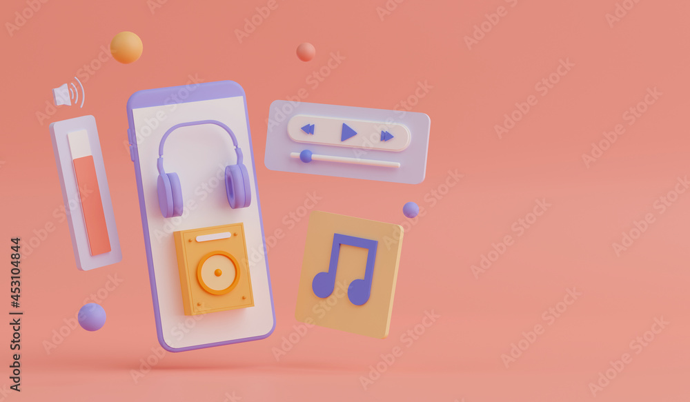 Poster 3d rendering concept music application on smartphone.