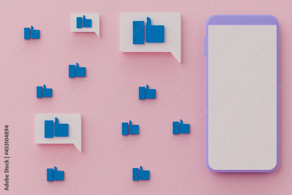 Poster 3d rendering smartphone with blank screen and like icon on pink background.