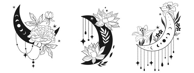 Set of blooming moons with decorative elements isolated on white background. Vector graphics.