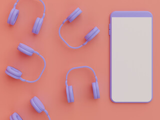 3d rendering blank screen smartphone with purple headphones on pink background.
