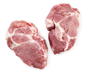 Fresh pork pieces on a white background, isolated. Top view