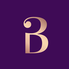 Letter B logo.Typographic signature icon.Lettering sign isolated on dark background.Alphabet initial.Elegant, luxury, wedding, beauty, spa style.Rose gold color.